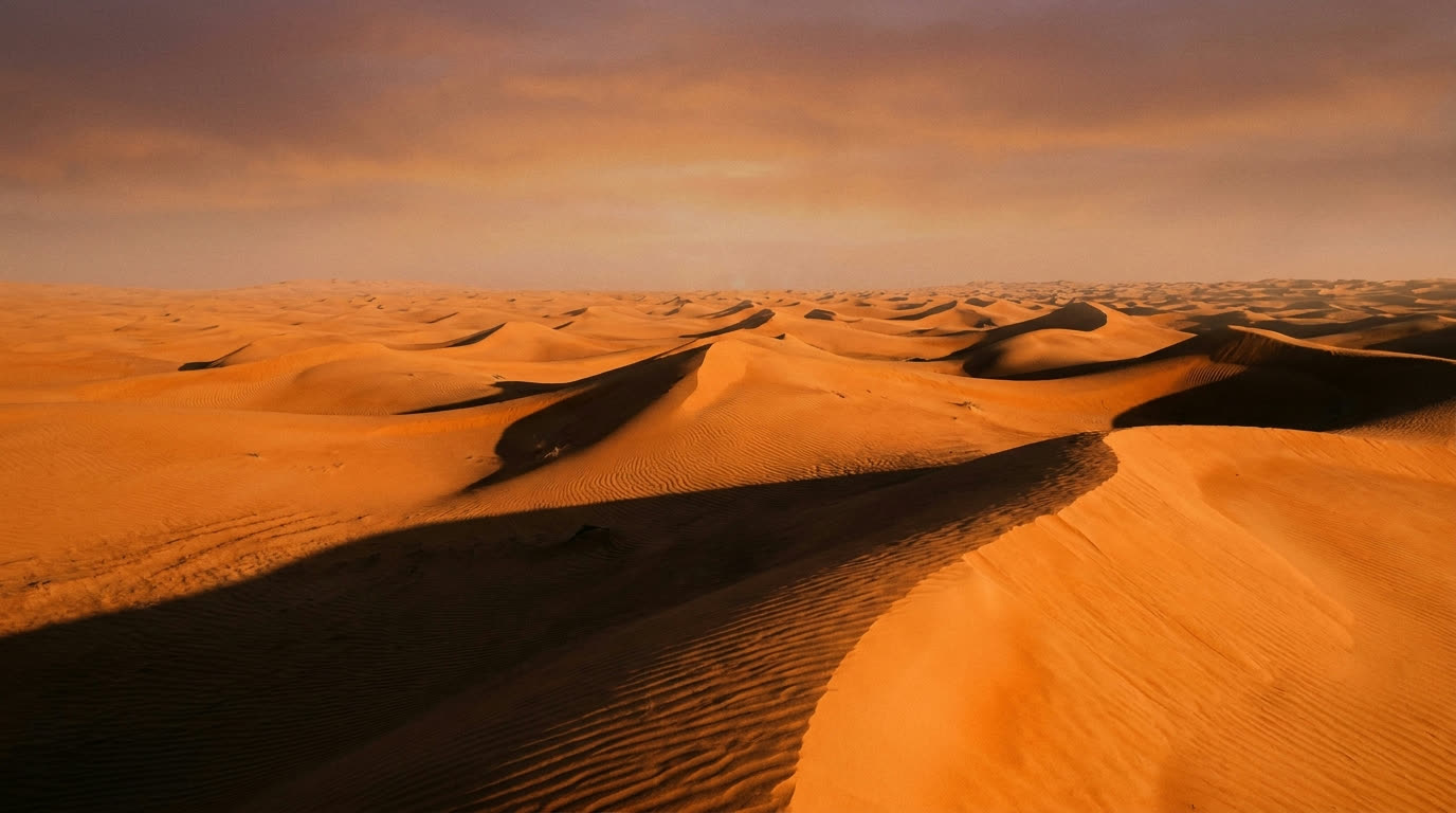 Towering dunes of the Rub' al Khali Empty Quarter near Liwa, Abu Dhabi, at sunset