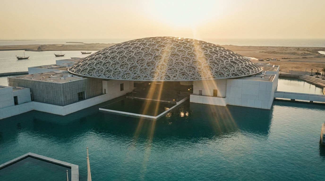 Louvre Abu Dhabi's silver lattice dome floating over the water on Saadiyat Island