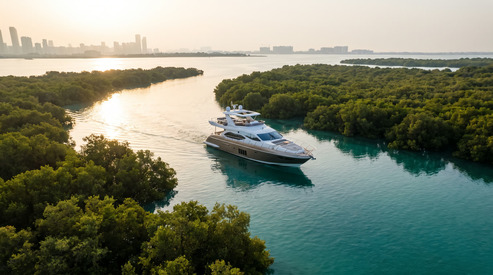 A private yacht cruising turquoise water past mangroves near Abu Dhabi in morning light