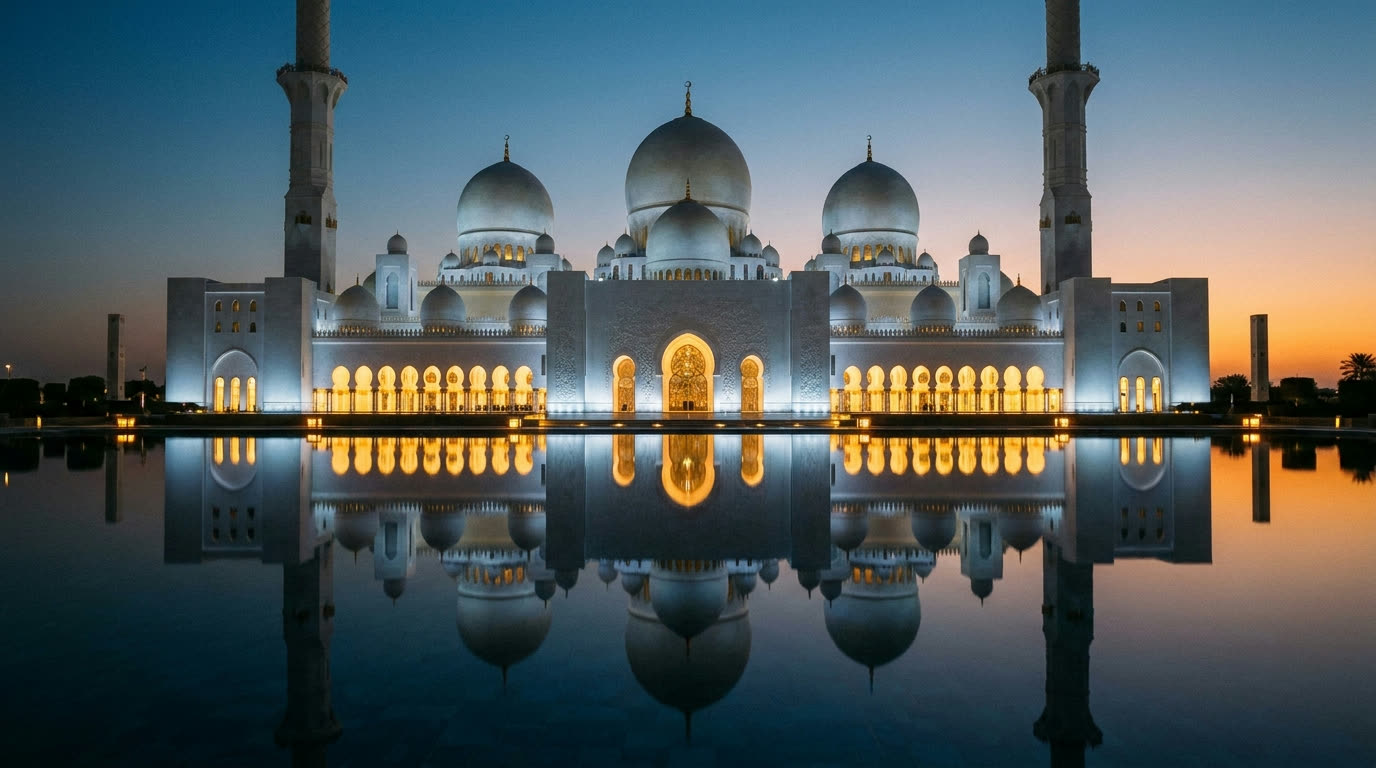 Sheikh Zayed Grand Mosque's white marble domes reflected in still pools at dusk