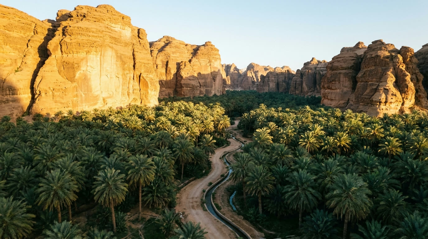 Date palm groves of the AlUla oasis running between golden sandstone cliffs