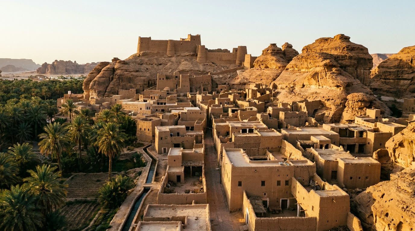 The mud-brick lanes of AlUla Old Town beneath its hilltop citadel in evening light