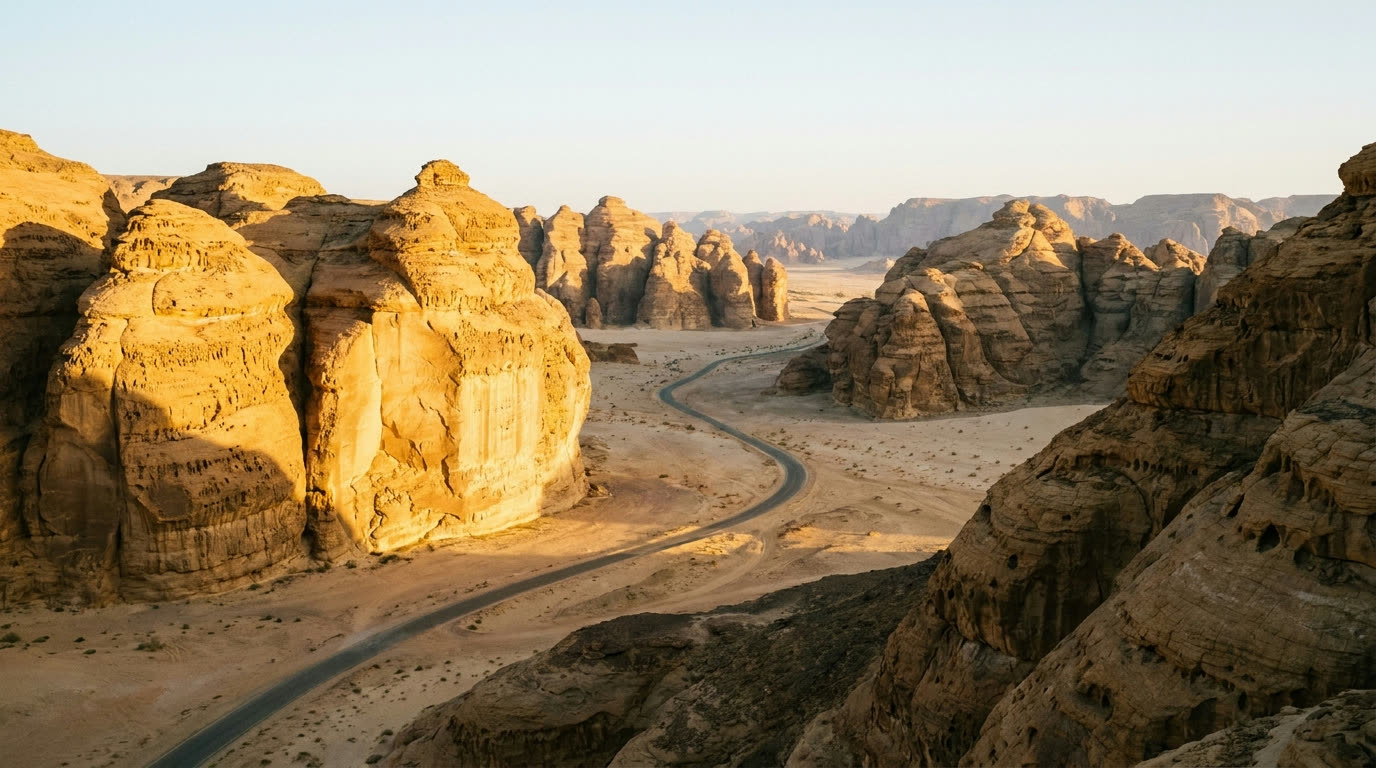 Golden sandstone cliffs of the Ashar Valley, AlUla, at sunrise