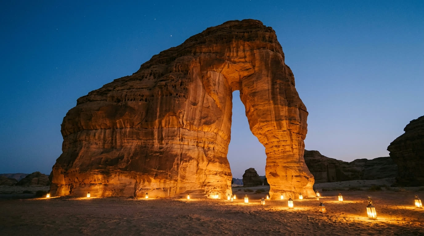 Elephant Rock sandstone formation in AlUla at dusk with warm lantern light at its base