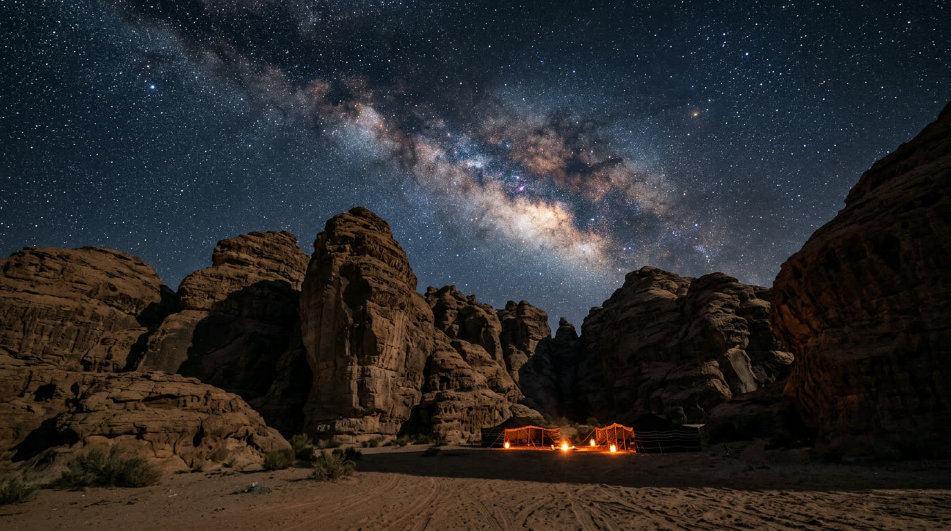 Star-filled night sky over the sandstone rock formations of the AlUla desert