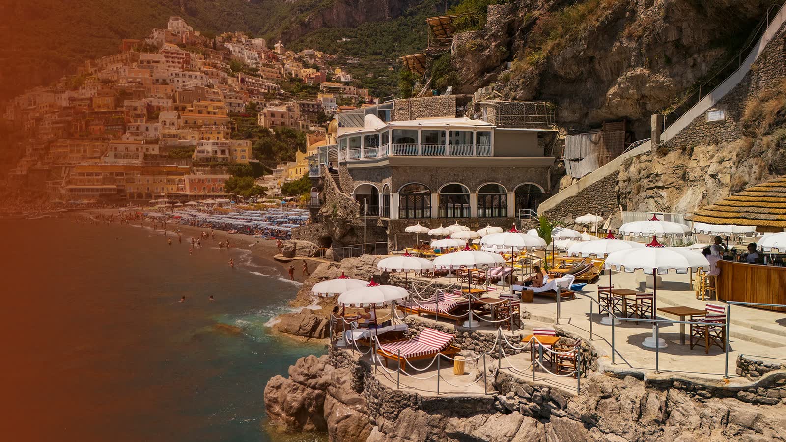 La Scogliera beach club on the rocks at Positano facing the Li Galli islands