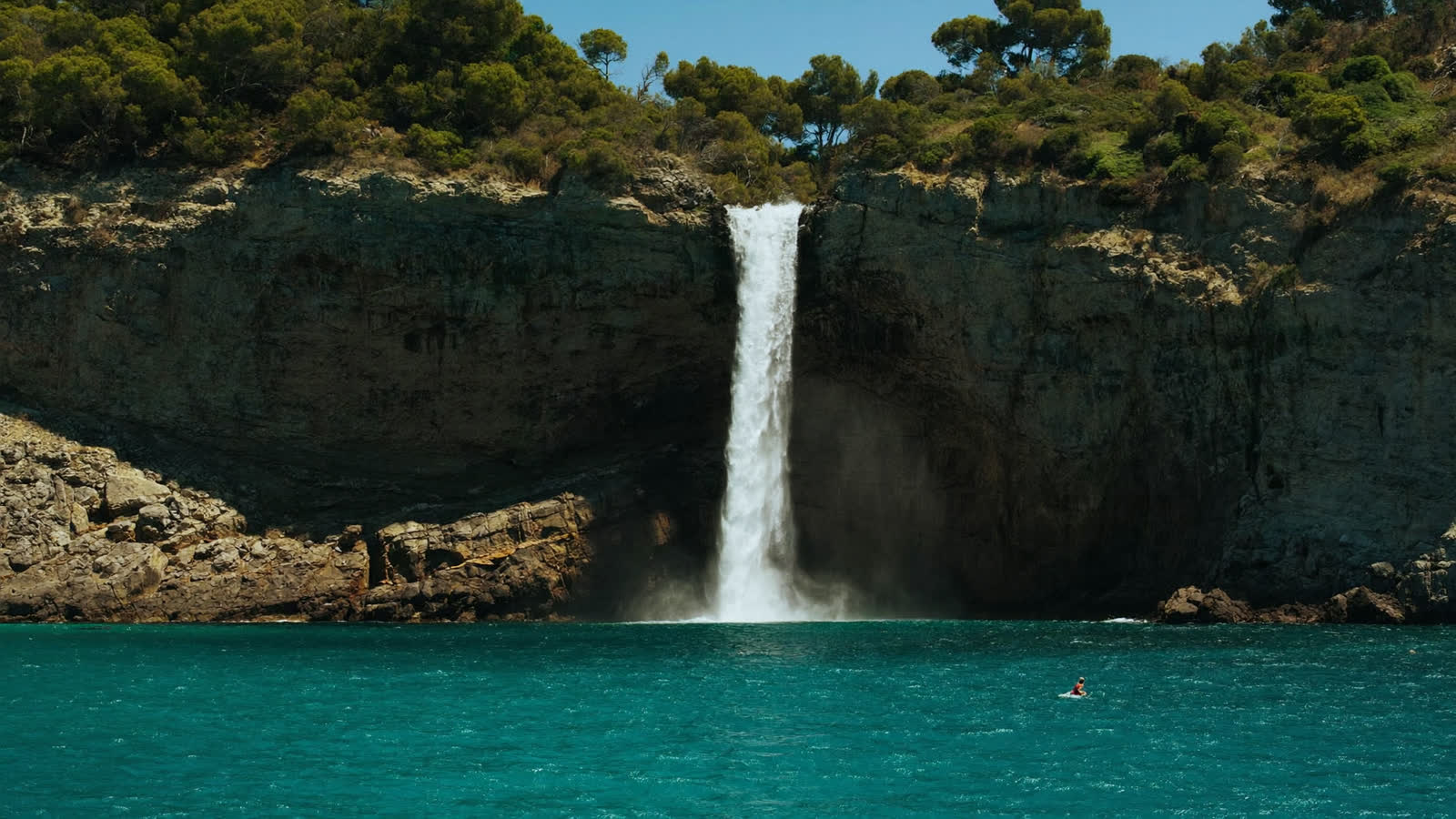 The Lower Duden waterfall plunging off the cliff into the Mediterranean near Antalya