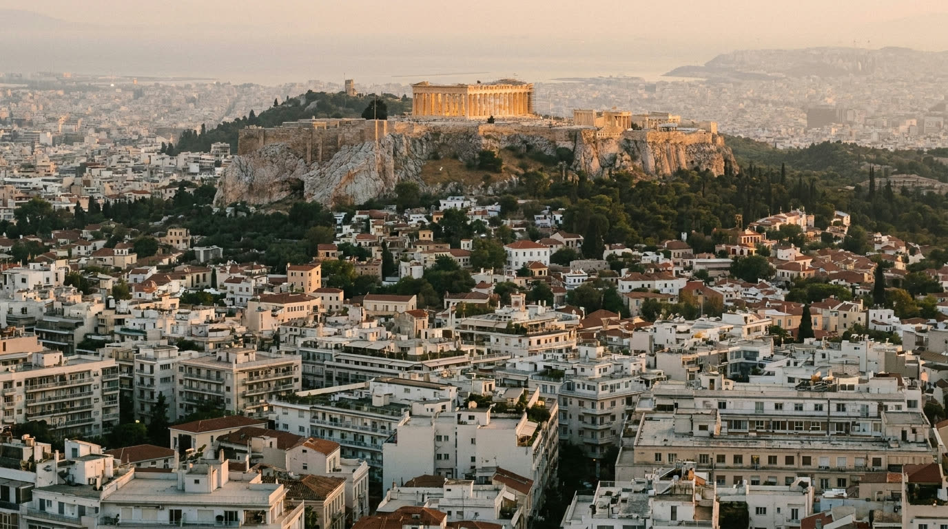 The Acropolis of Athens glowing at dusk above the white city, seen from Philopappos Hill