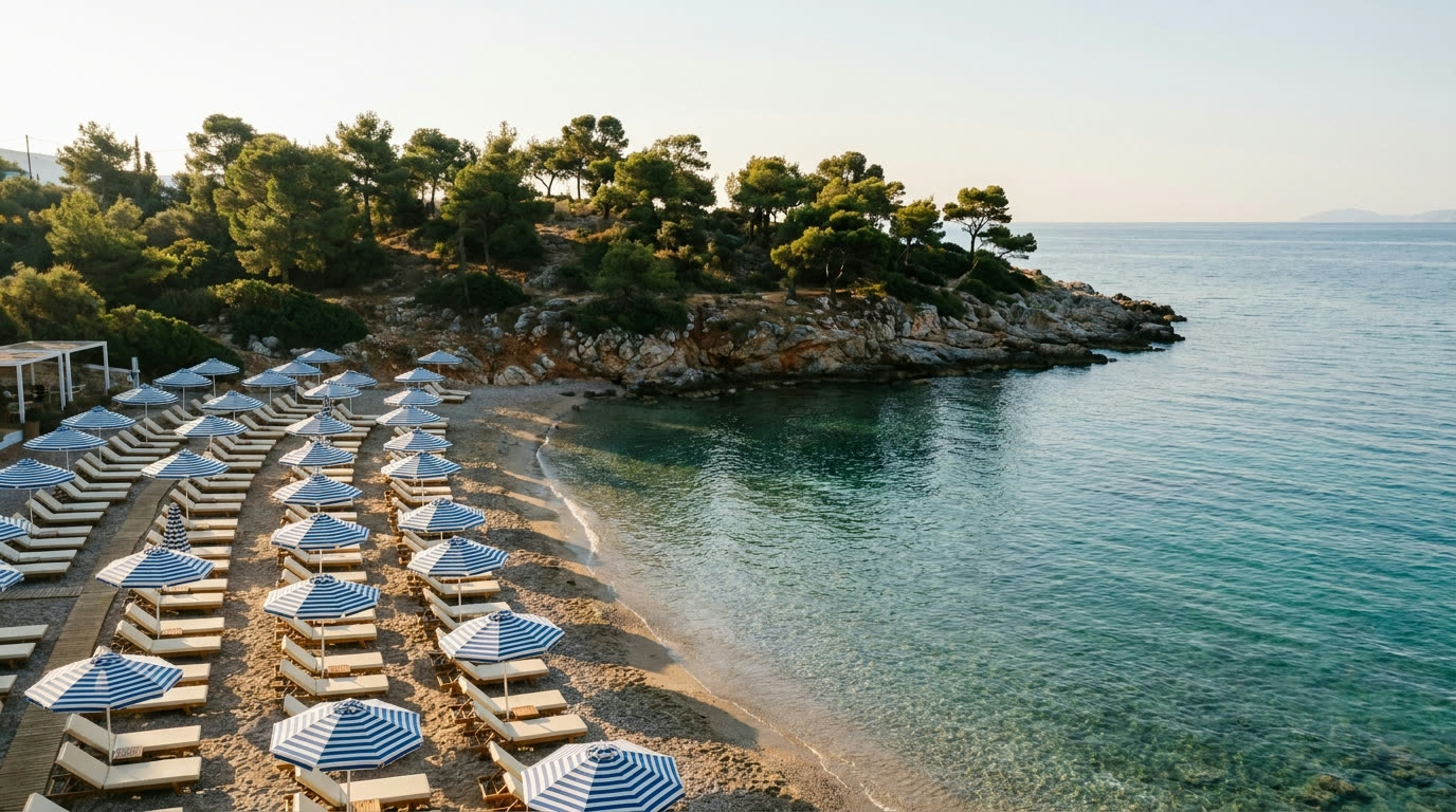 Sun loungers and umbrellas on a private pine-fringed beach on the Athens Riviera at dawn