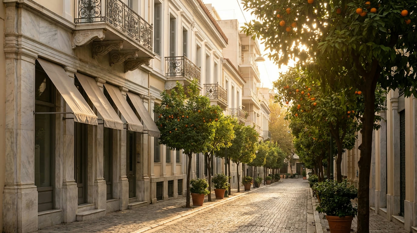 A marble-fronted boutique street in Kolonaki, Athens, with orange trees and awnings