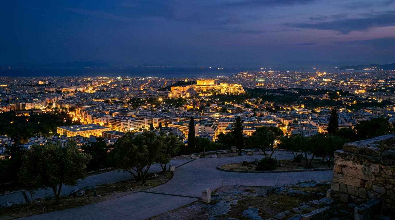 Night view over the lights of Athens and the illuminated Acropolis from Mount Lycabettus