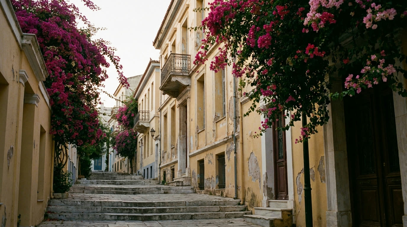 An empty bougainvillea-draped lane in Plaka old town, Athens, in early morning light