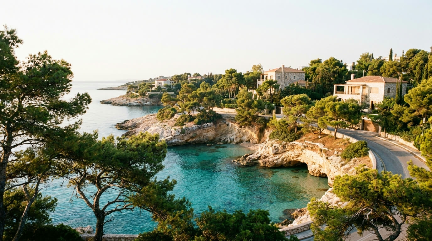 Turquoise coves and pine-covered limestone coastline of the Athens Riviera at Vouliagmeni