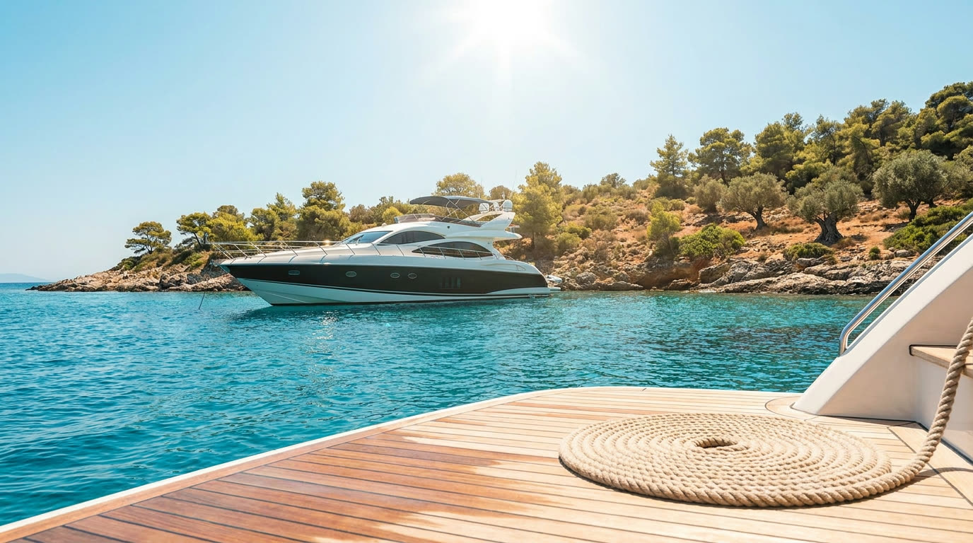 A white motor yacht anchored in a turquoise Saronic Gulf cove near Athens