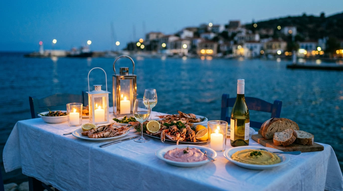 Grilled langoustines and white wine on a linen-set table beside a Greek harbour at blue hour