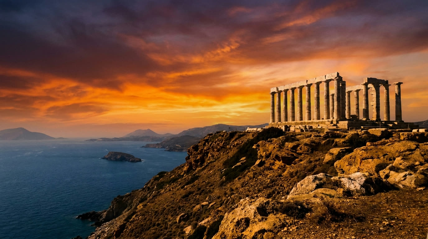 The Temple of Poseidon at Cape Sounion silhouetted against an amber sunset over the Aegean