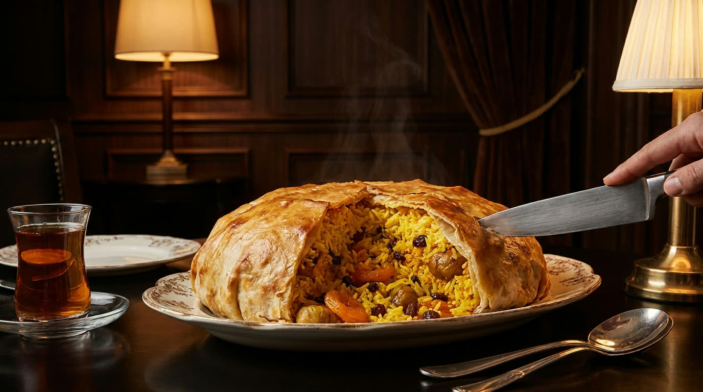 Azerbaijani shah plov saffron rice dish carved tableside in an elegant Baku restaurant
