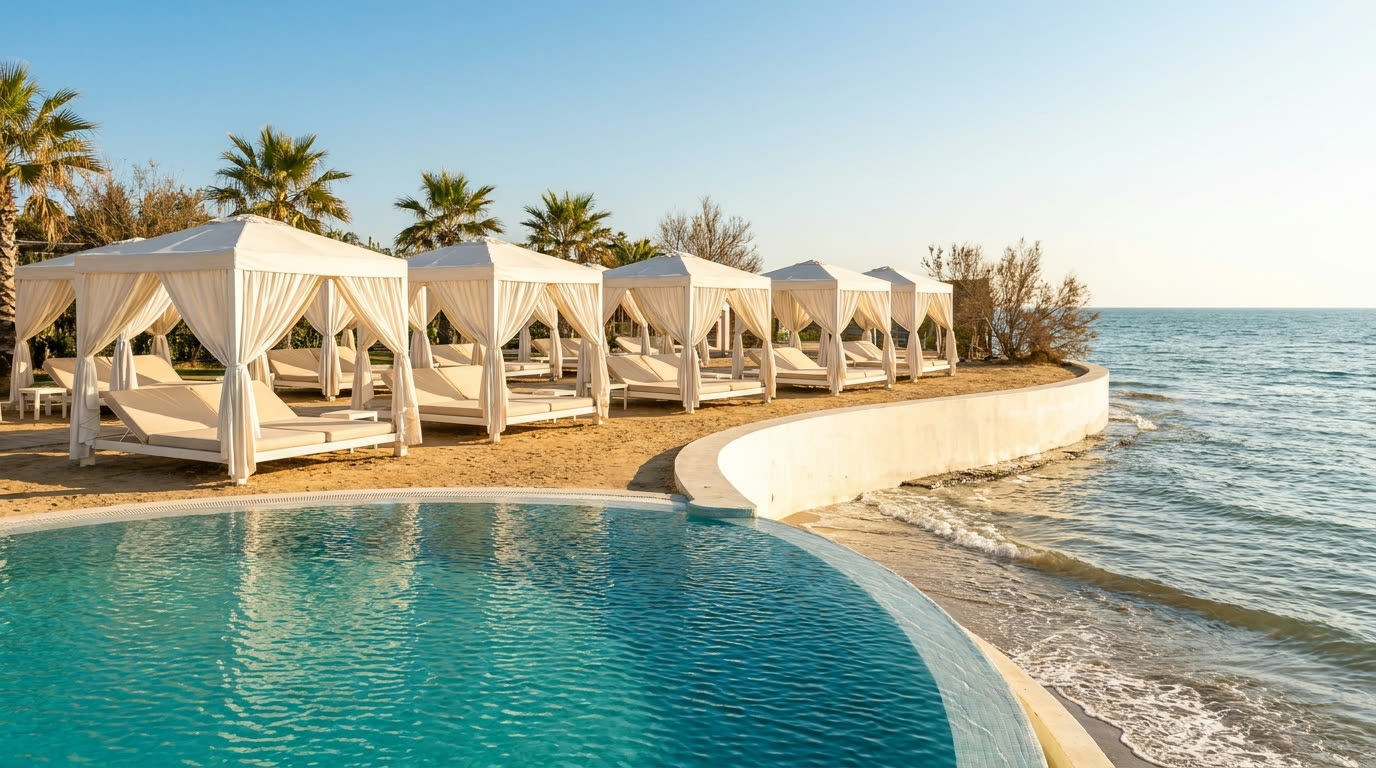 Cabanas and pool of an upscale Caspian Sea beach club near Baku in summer