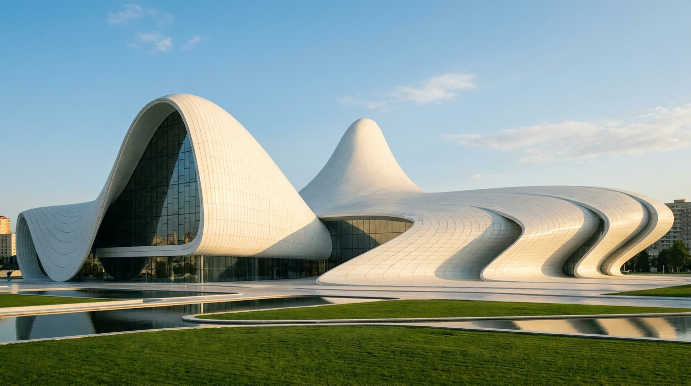 White flowing curves of the Heydar Aliyev Center in Baku under morning light