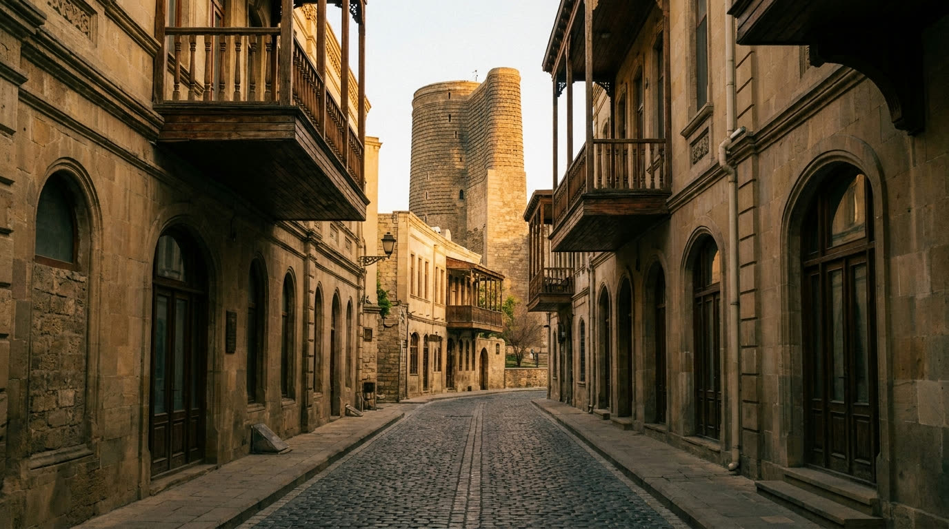 Stone lanes of Icherisheher Old City in Baku with the Maiden Tower in view