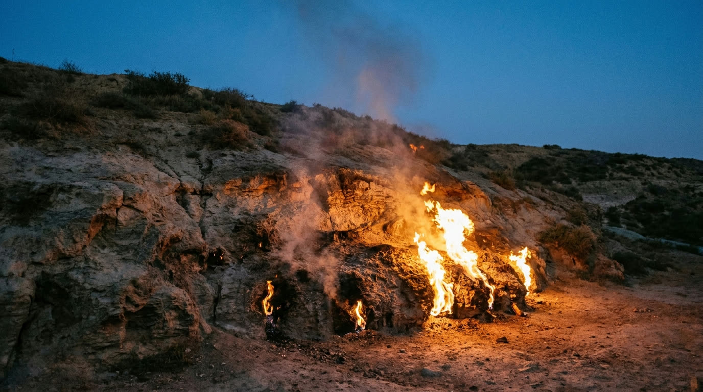 Natural gas flames burning on the Yanar Dag hillside near Baku at twilight