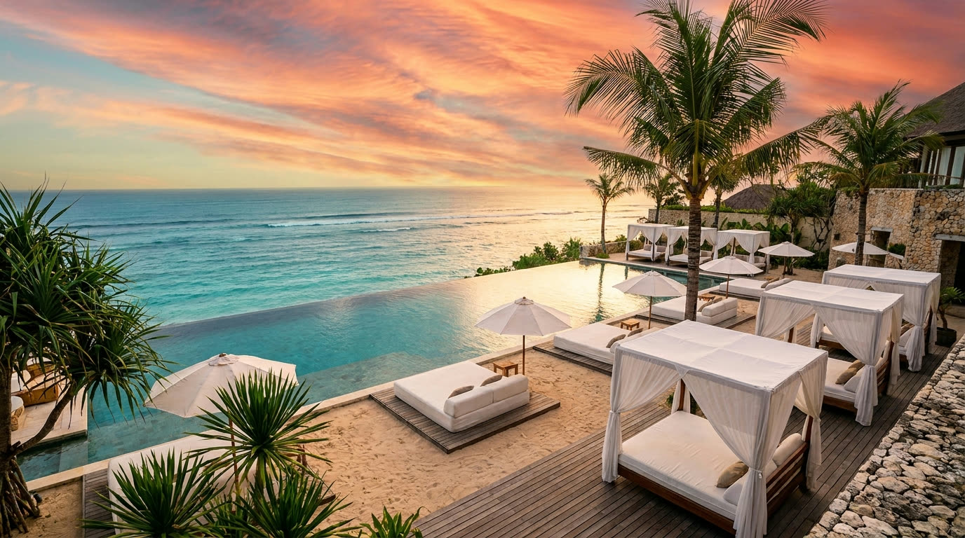 Luxury beach club infinity pool at sunset on Melasti Beach, Bali