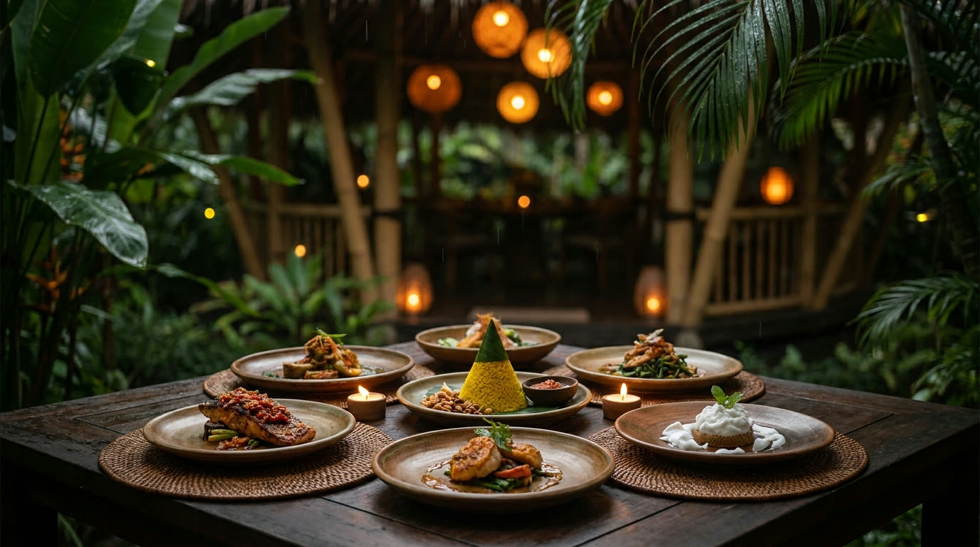 Fine-dining tasting course in an open-air jungle restaurant, Ubud, Bali
