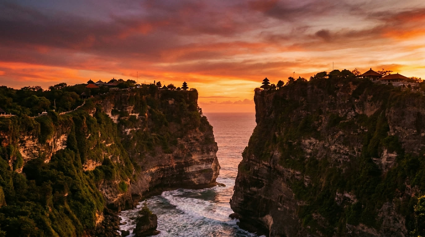 Uluwatu cliffs and sea temple at golden hour, Bali