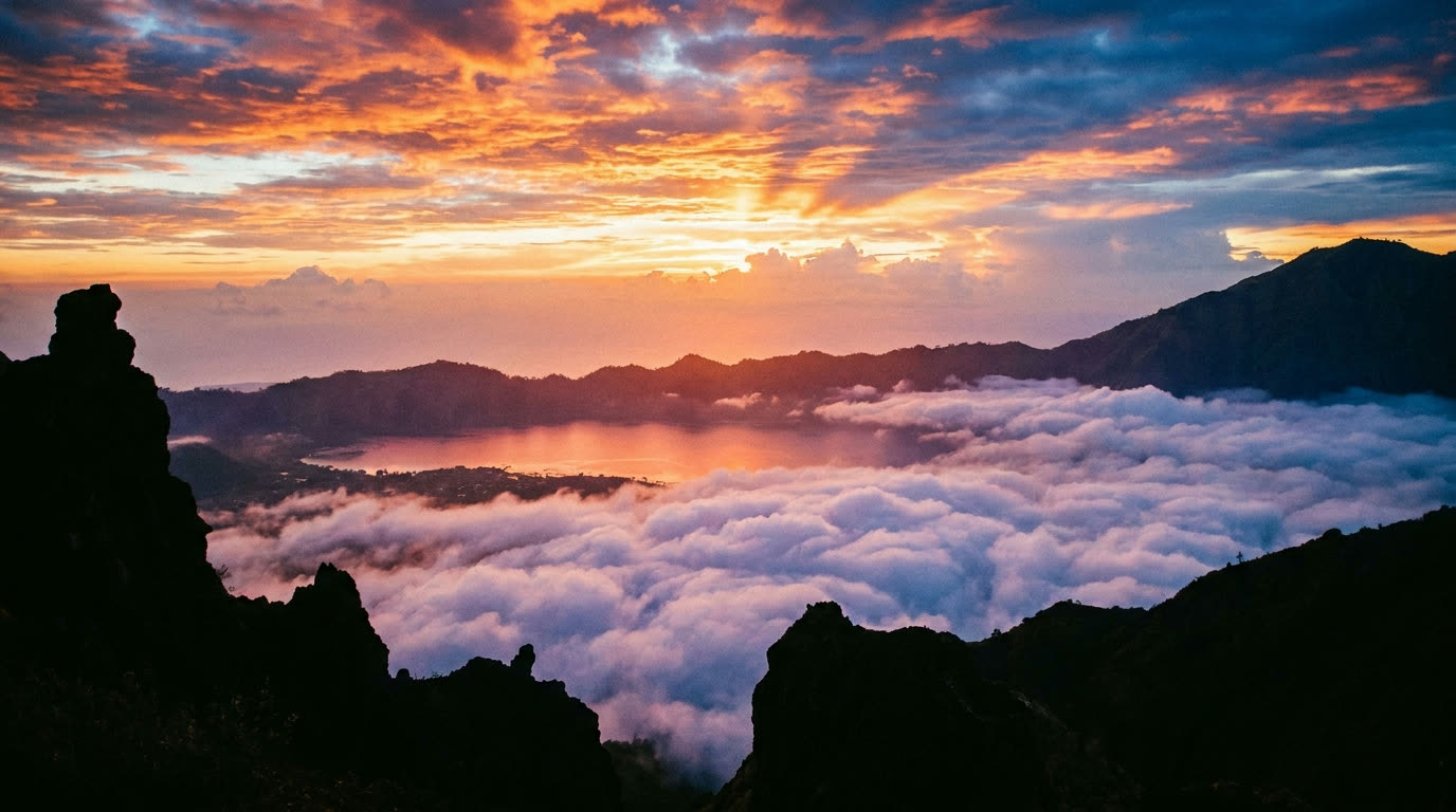 Sunrise above the clouds from Mount Batur volcano, Bali