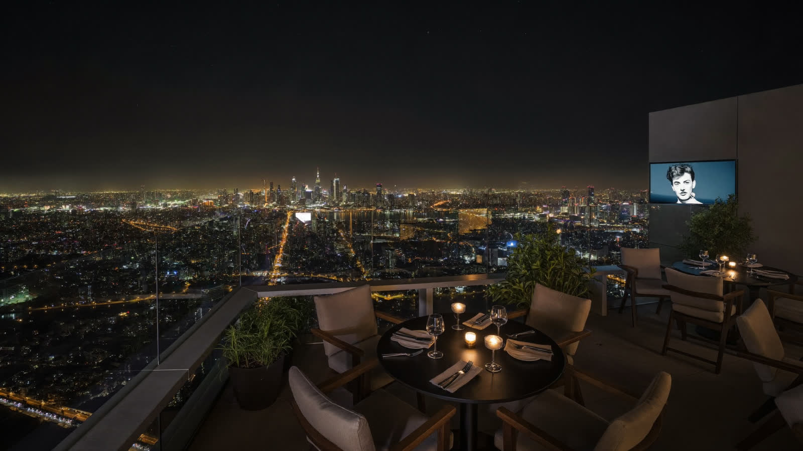 Rooftop bar terrace above the Bangkok skyline at night