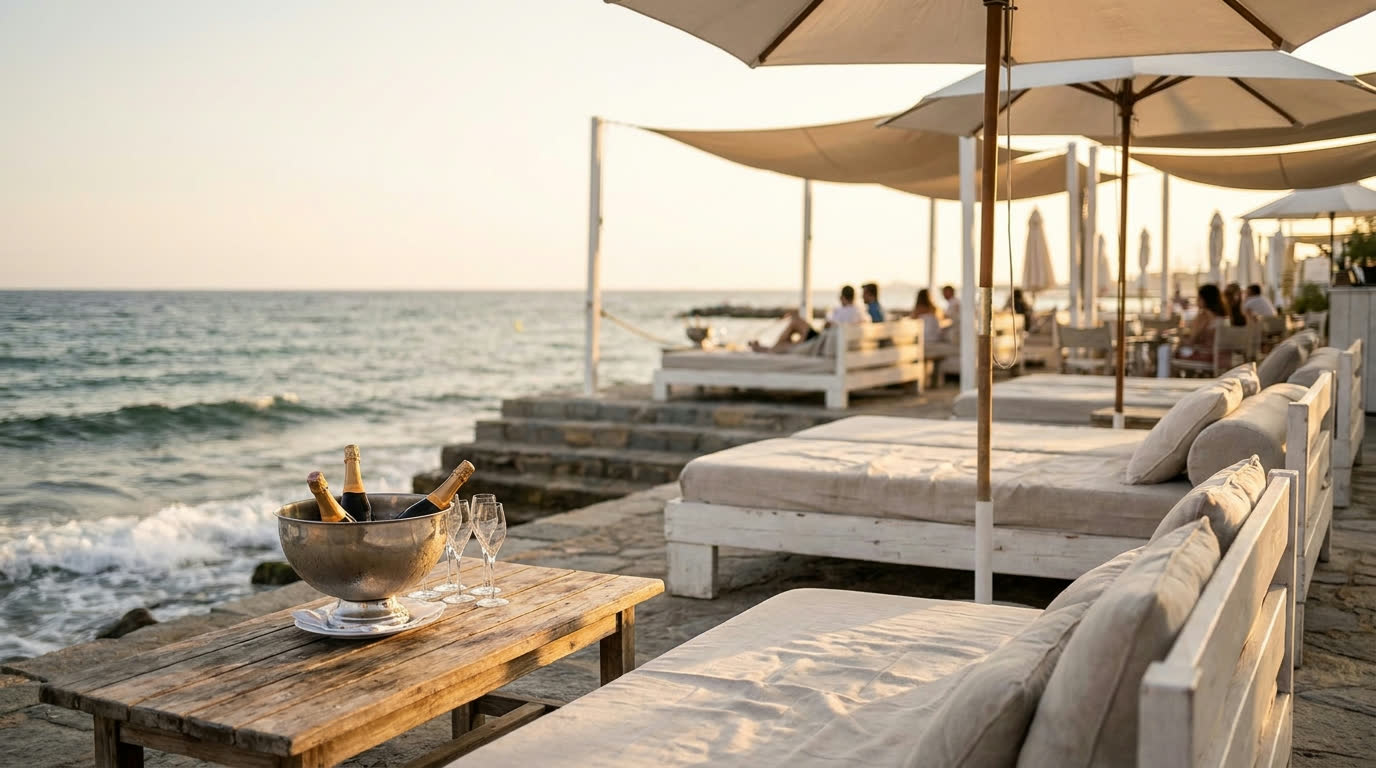 Daybeds at a Mediterranean beach club on the Barcelona seafront at sunset