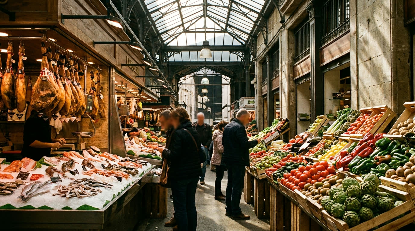 Jamón and fresh seafood stalls inside a Barcelona covered market