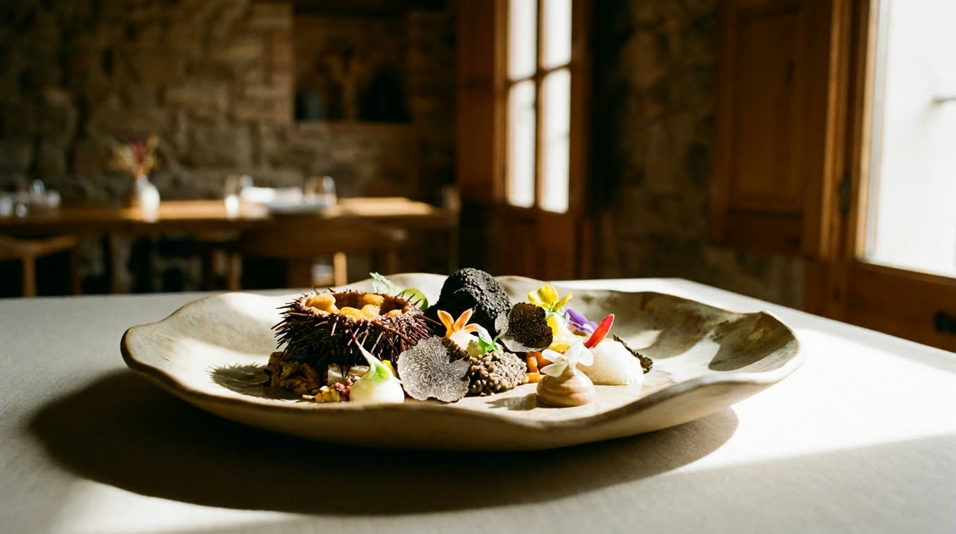 Avant-garde Catalan tasting course plated on sculptural ceramic
