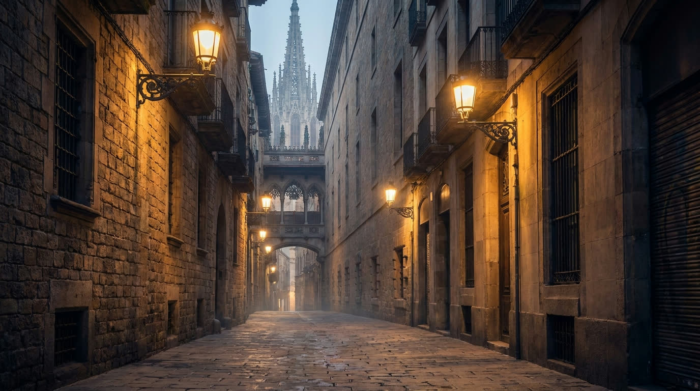 Empty medieval lane in Barcelona's Gothic Quarter at dawn