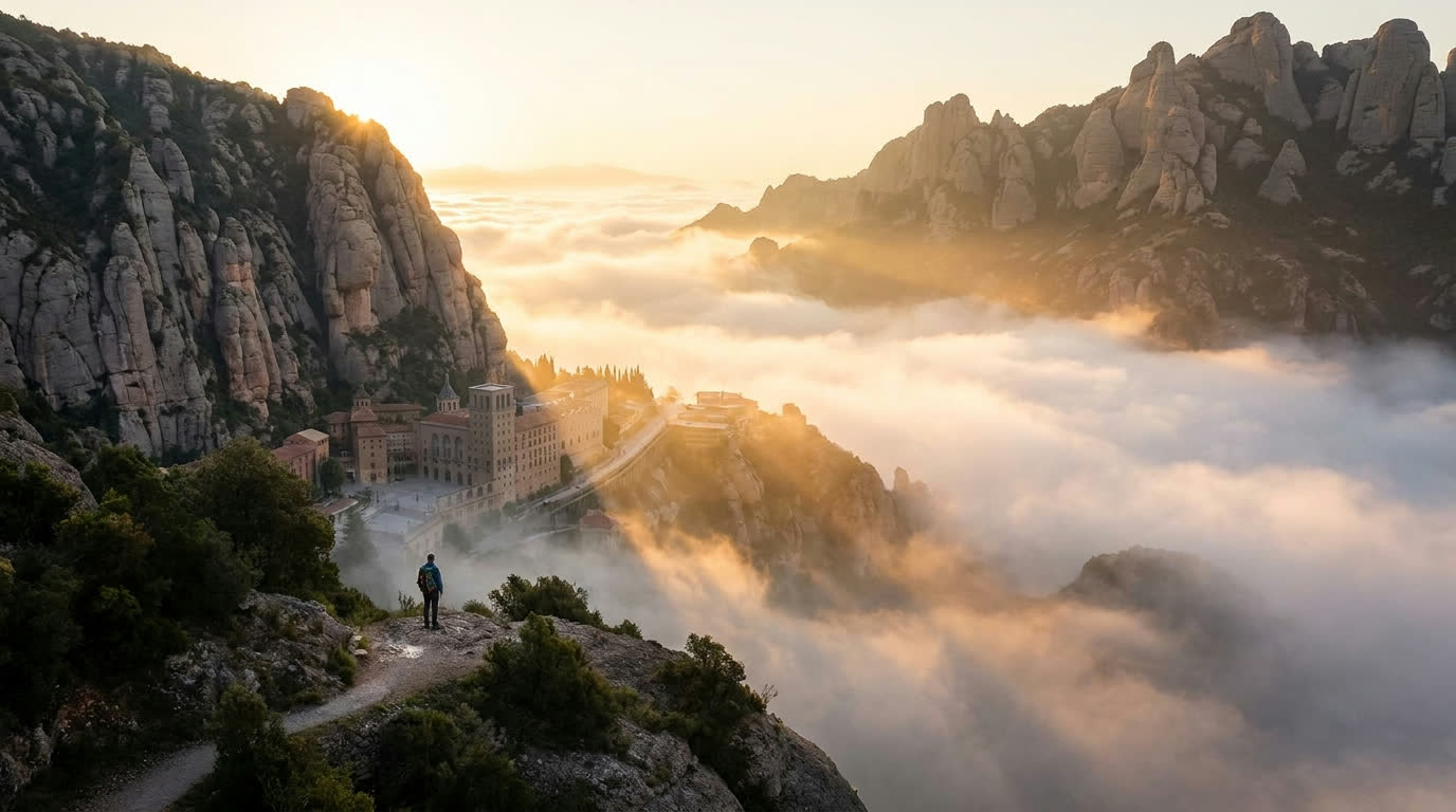Jagged rock formations of Montserrat mountain above the morning mist