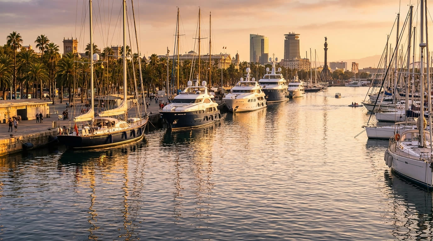 Yachts moored at Port Vell marina, Barcelona at golden hour