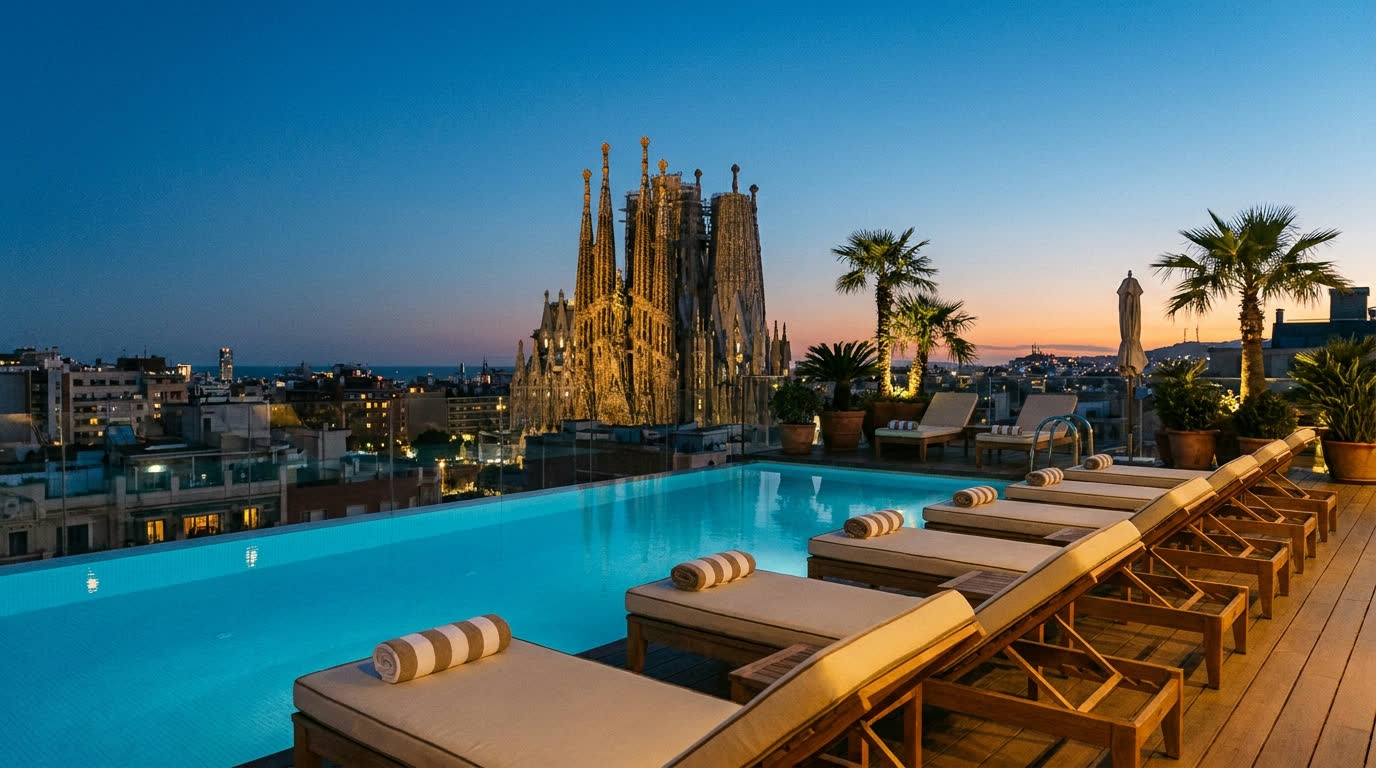 Rooftop pool terrace overlooking the Barcelona skyline at dusk