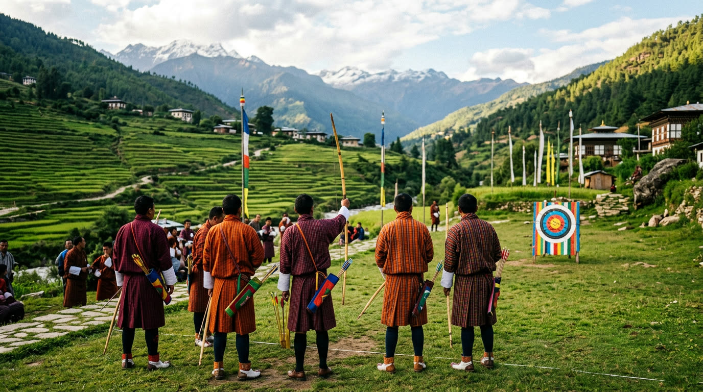 Traditional Bhutanese archery practice in a green valley with rice terraces, Bhutan