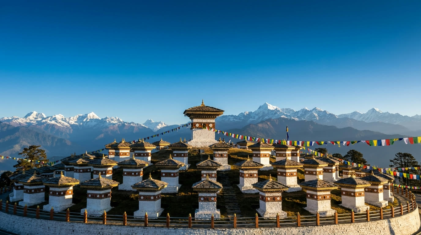 The 108 Druk Wangyal chortens at Dochula Pass with snowcapped Himalayan peaks behind, Bhutan