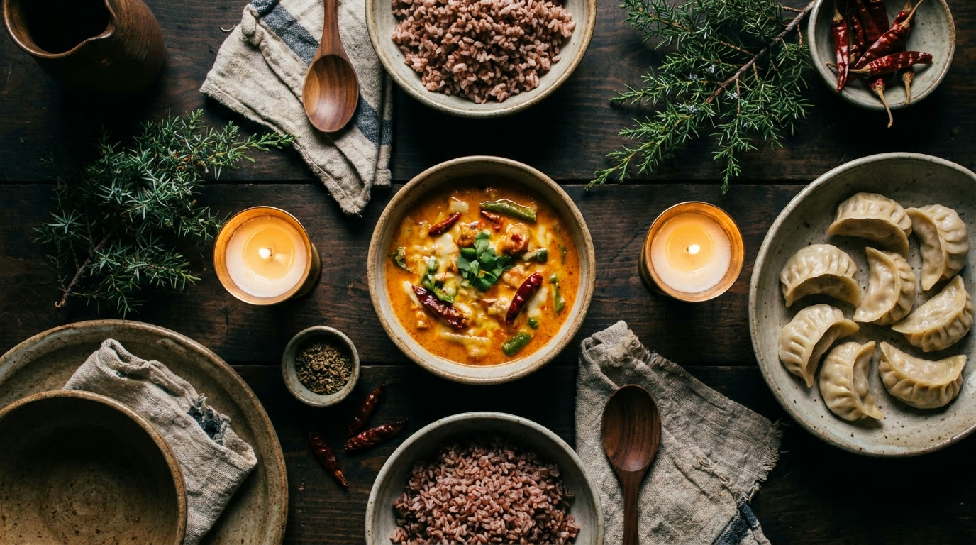 Ema datshi, red rice and momos served in ceramic bowls in a traditional Bhutanese farmhouse