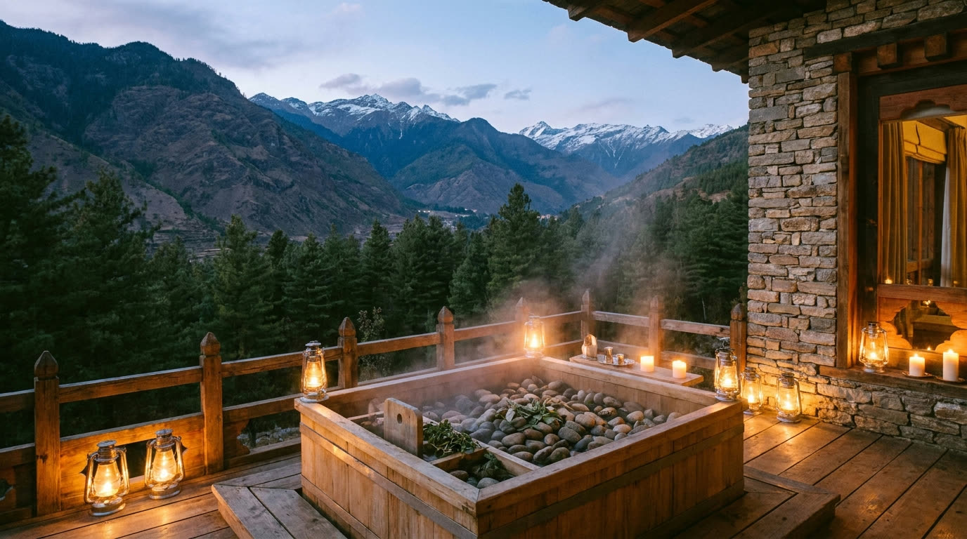 Traditional Bhutanese hot-stone bath on a lodge terrace overlooking a pine-forested Himalayan valley at dusk