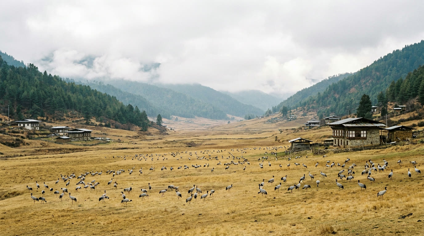 Black-necked cranes on the winter grassland of the Phobjikha Valley, Bhutan