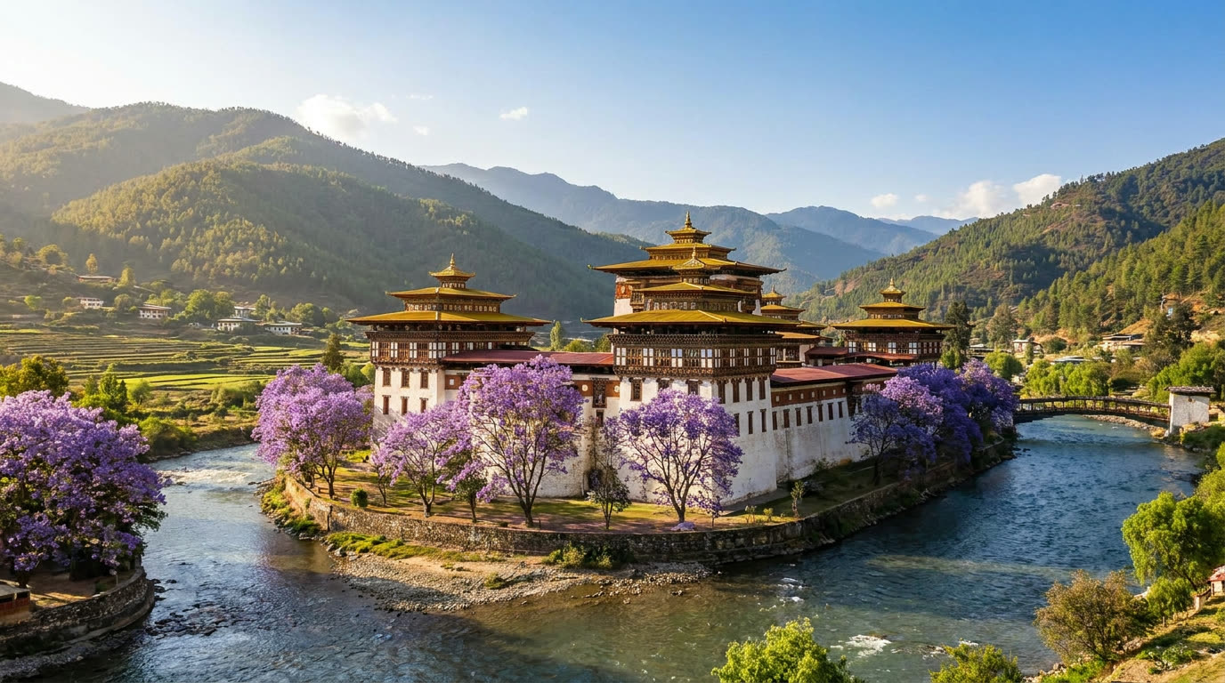 Punakha Dzong at the confluence of the Pho Chhu and Mo Chhu rivers with jacarandas in bloom, Bhutan