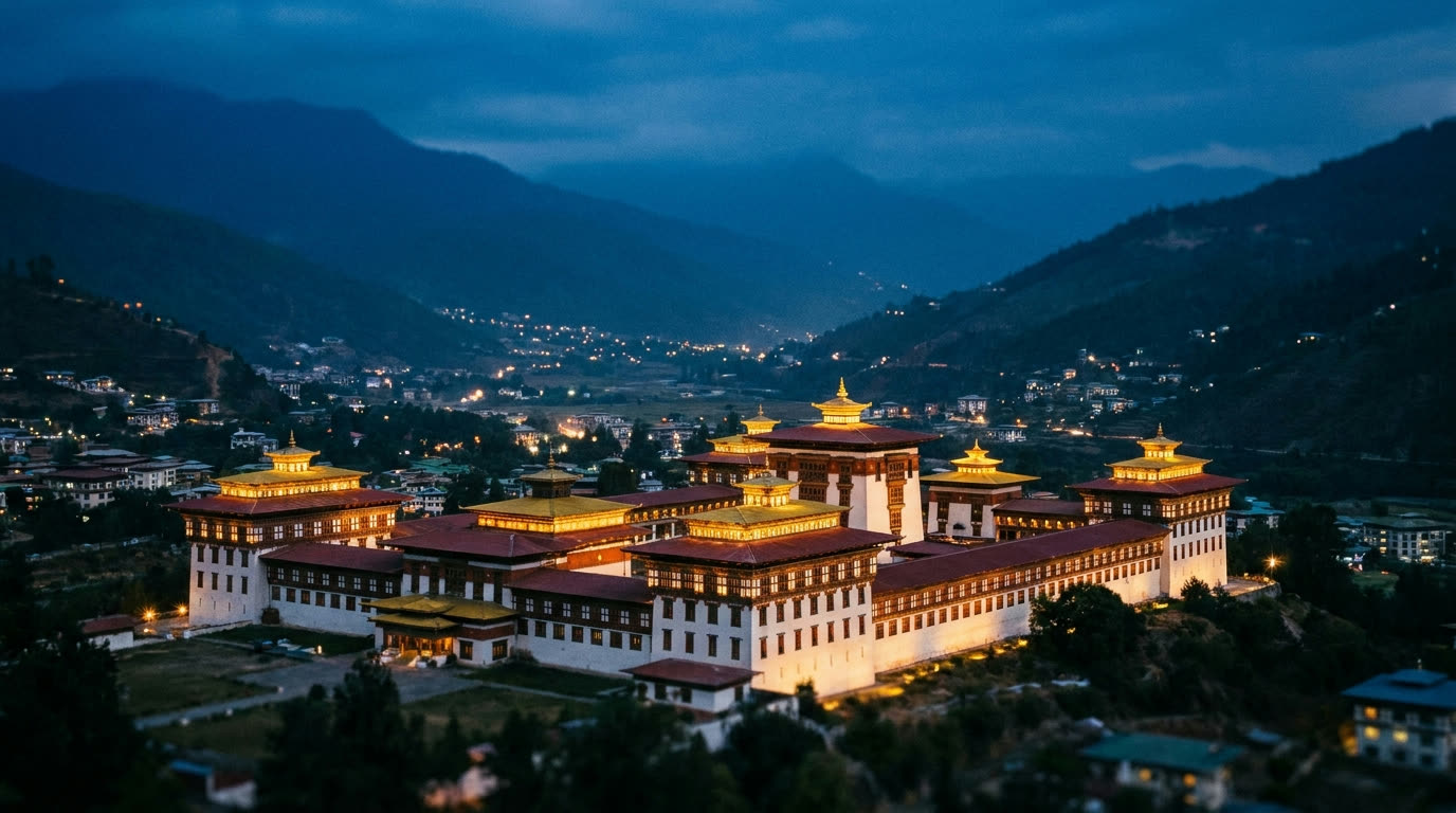 Tashichho Dzong illuminated at dusk with Thimphu's lights in the valley behind, Bhutan