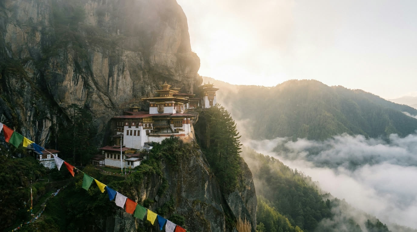 Paro Taktsang, the Tiger's Nest monastery, on its cliff face above the Paro Valley, Bhutan