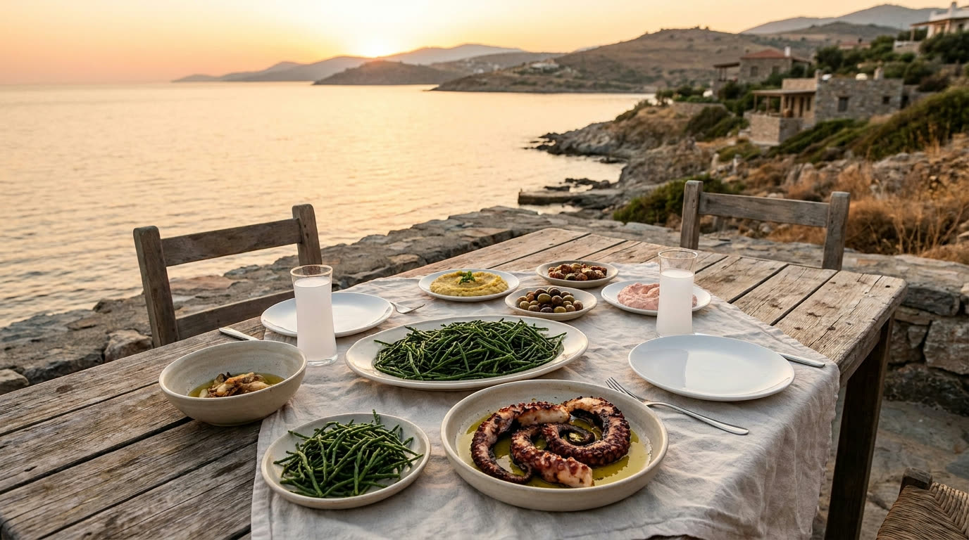 An Aegean meze spread with grilled octopus and raki on a seaside table at sunset near Bodrum