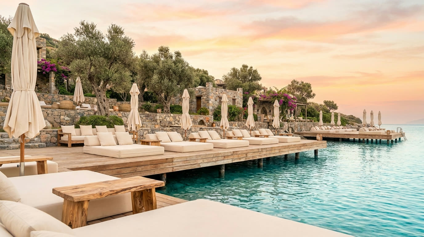 Cream daybeds and umbrellas on a wooden beach club pier over turquoise water on the Bodrum peninsula