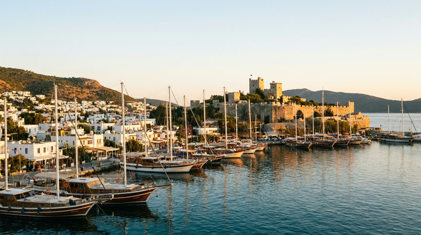 Bodrum harbour at golden hour with the Castle of St Peter and whitewashed houses above moored gulets