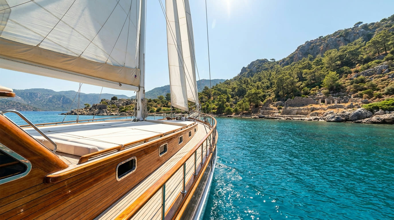 A traditional wooden Turkish gulet under sail on turquoise water along the pine coastline near Bodrum