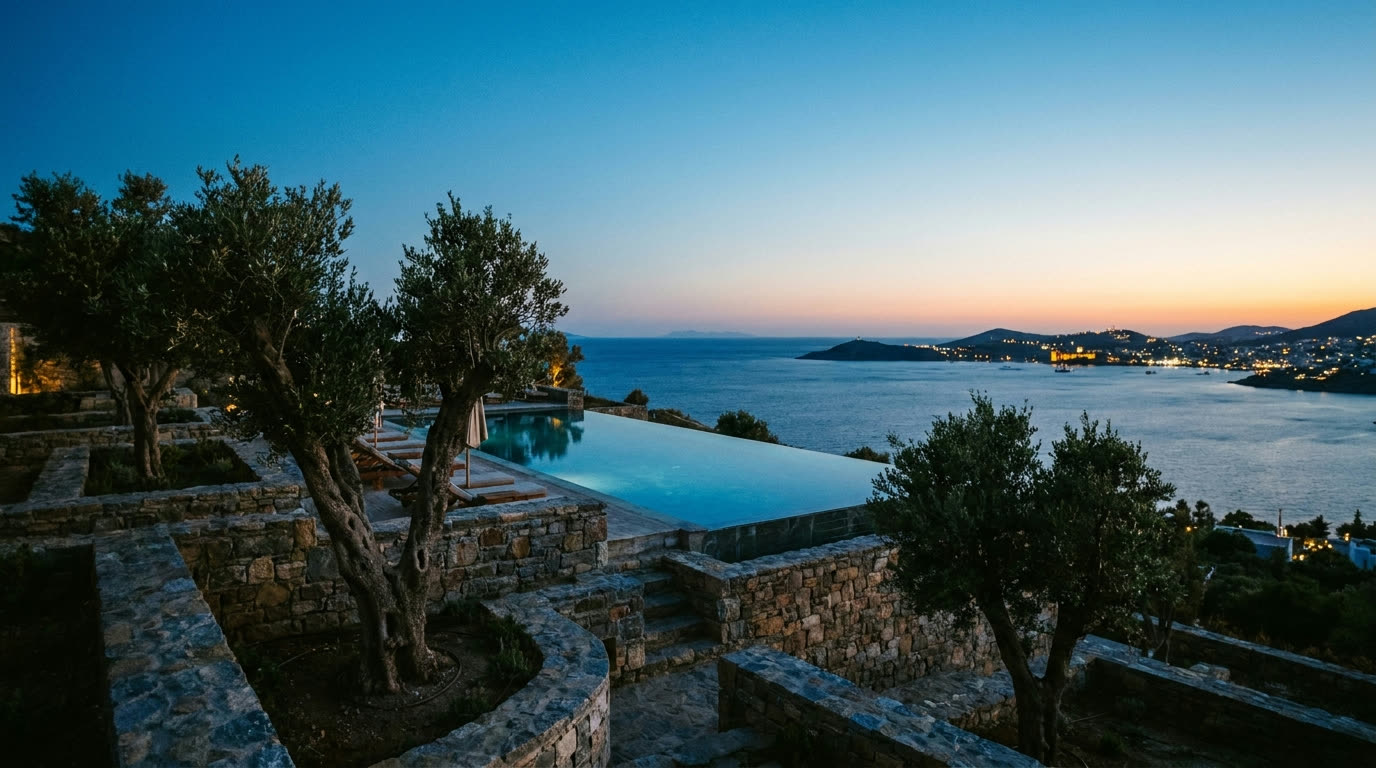 A clifftop infinity pool merging with the Aegean at dusk on the Bodrum peninsula